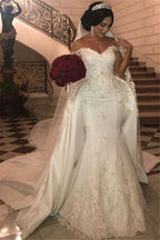 Off The Shoulder Mermaid Lace Wedding Dress With Overskirt Lace Appliques