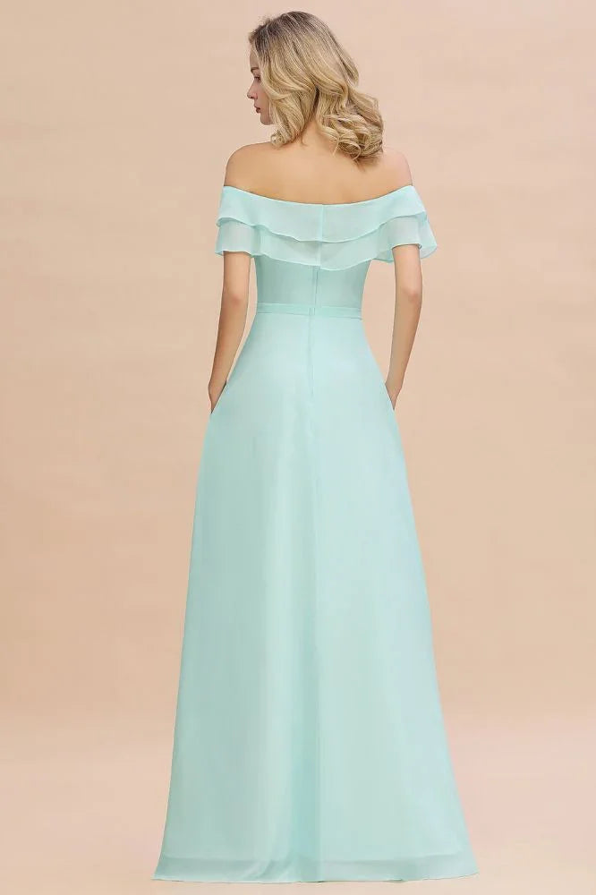 فستان وصيفات بحمالة كتف مكشوفة، قصير، أخضر، مع فتحة أمامية، فستان زفاف شاطئي بقصة ألين