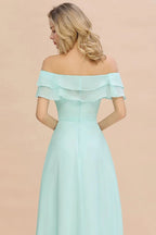 فستان وصيفات بحمالة كتف مكشوفة، قصير، أخضر، مع فتحة أمامية، فستان زفاف شاطئي بقصة ألين