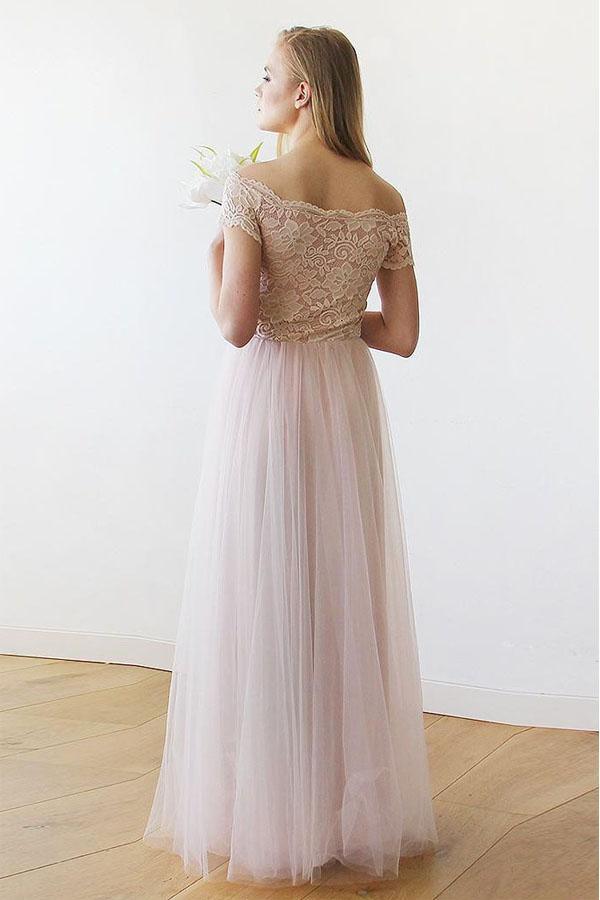 Robe de mariée longue en dentelle rose et tulle à épaules dénudées