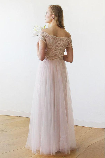 Schulterfreies langes Brautkleid aus rosa Spitze und Tüll