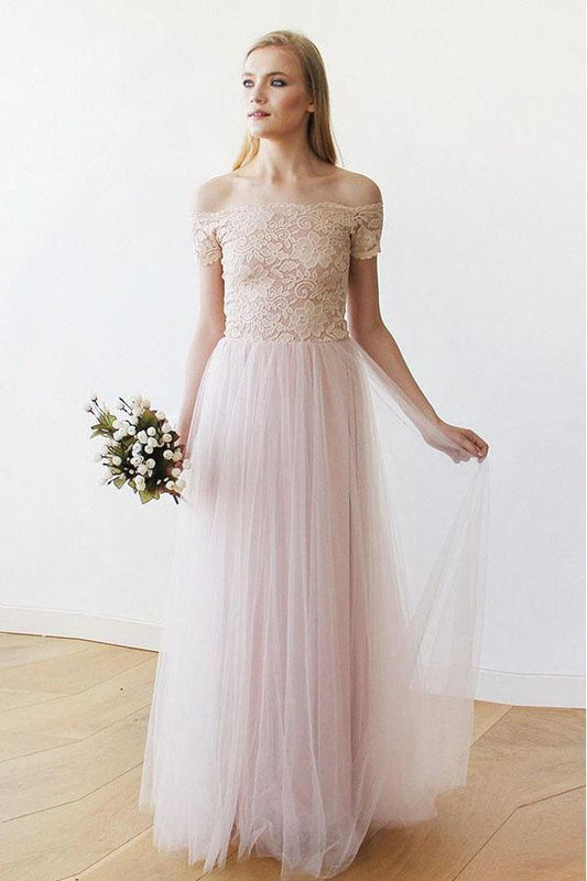 Vestido de novia largo de tul y encaje rosa con hombros descubiertos