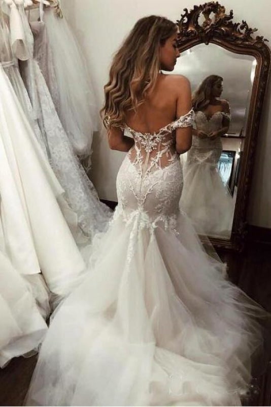 Vestidos de Noiva Elegantes de Tule Longo com Renda e Ombros Descobertos, Estilo Sereia Encantadora