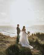 Vestido de Noiva Simples com Ombros Descobertos, Tule, Renda, Corte A, Vestido de Noiva para Praia