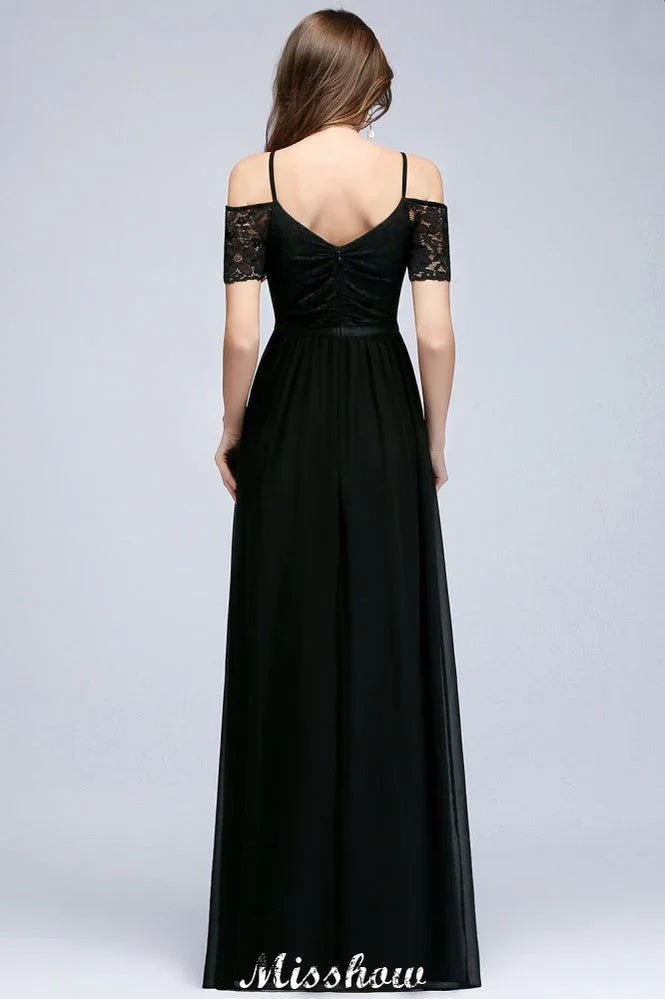 Abito da damigella d'onore senza spalline, lungo fino a terra, a linea ad A, in chiffon e pizzo, con scollo a V per il ballo di fine anno