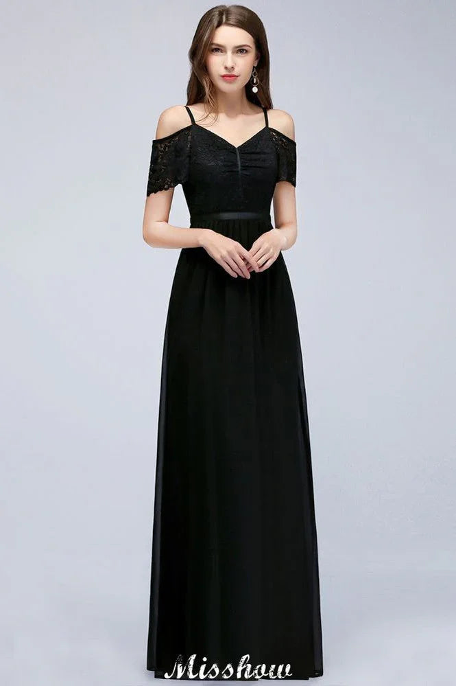 Abito da damigella d'onore senza spalline, lungo fino a terra, a linea ad A, in chiffon e pizzo, con scollo a V per il ballo di fine anno