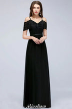 Abito da damigella d'onore senza spalline, lungo fino a terra, a linea ad A, in chiffon e pizzo, con scollo a V per il ballo di fine anno