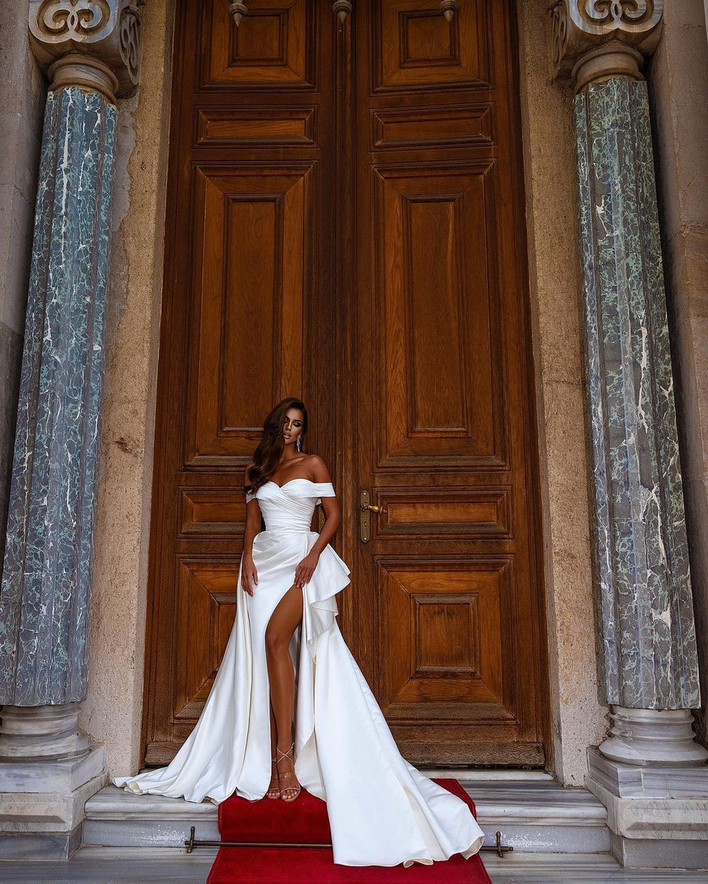 Off The Shoulder White Satin Wedding Dress With Split Front Mermaid Chapel Train