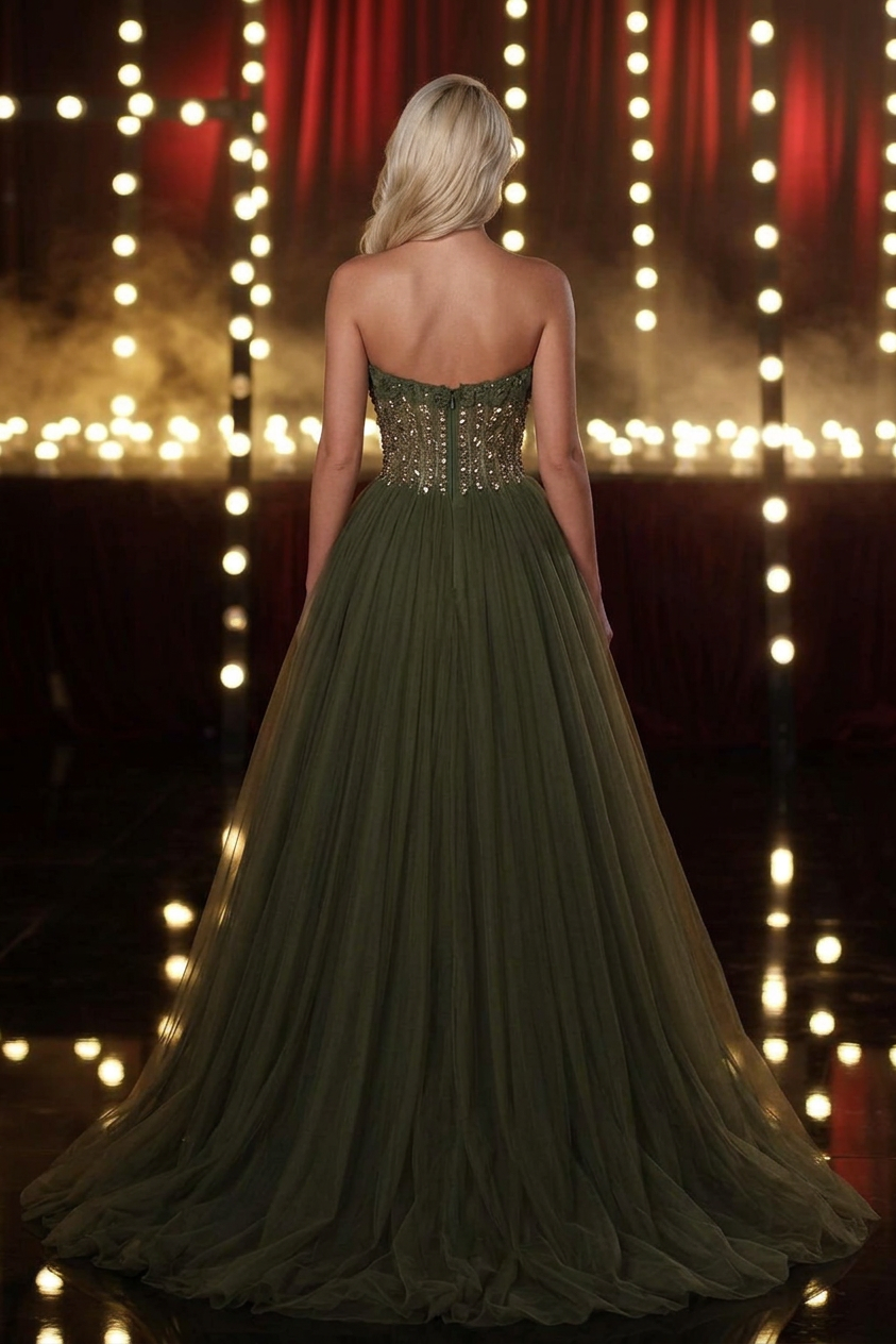 Olive Green Strapless Ball Gown Evening Dress Gold Crystal Corset Bodice