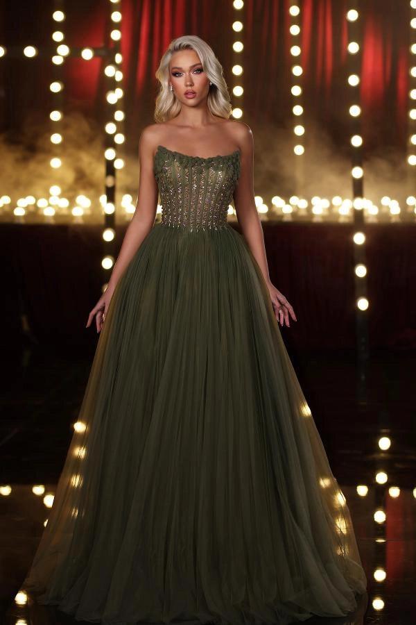 Olive Green Strapless Ball Gown Evening Dress Gold Crystal Corset Bodice