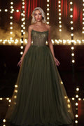 Olive Green Strapless Ball Gown Evening Dress Gold Crystal Corset Bodice