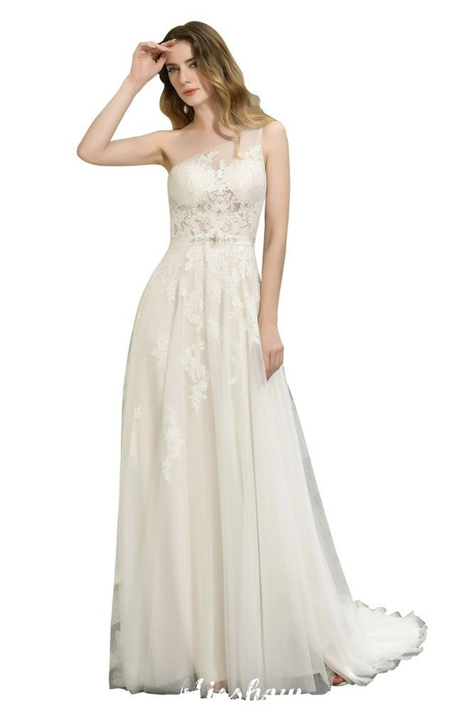Vestido de novia de tul con un solo hombro, corte A, sin mangas, para primavera y playa