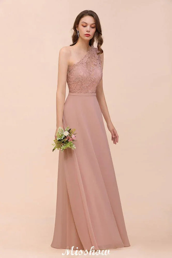 Abito da damigella in chiffon a una spalla Rosa polvere Abito da cerimonia per invitata alla sposa