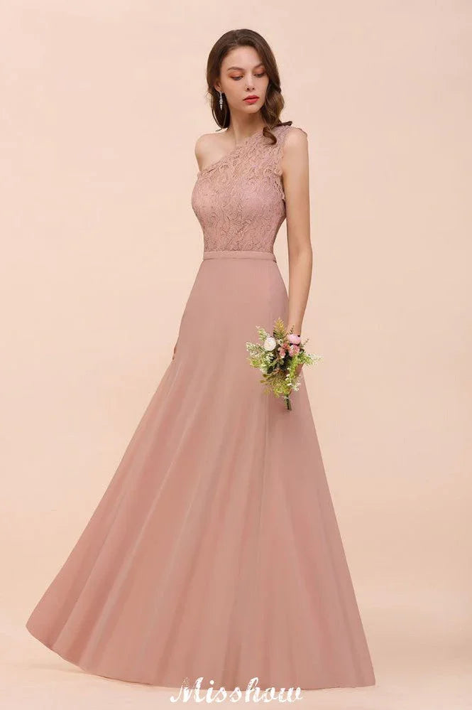 Abito da damigella in chiffon a una spalla Rosa polvere Abito da cerimonia per invitata alla sposa