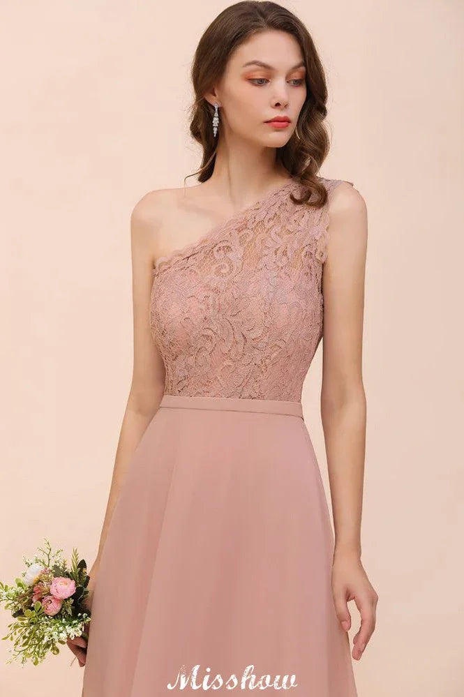 Abito da damigella in chiffon a una spalla Rosa polvere Abito da cerimonia per invitata alla sposa