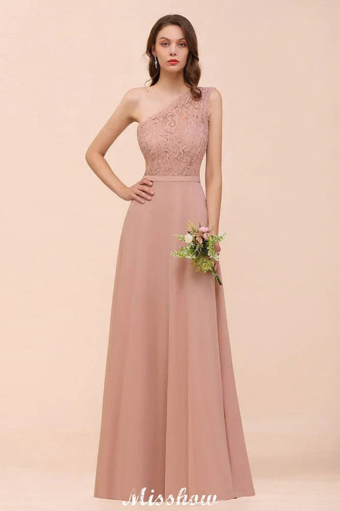 Abito da damigella in chiffon a una spalla Rosa polvere Abito da cerimonia per invitata alla sposa