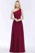 Robes de demoiselle d'honneur bordeaux en mousseline à volants, longueur au sol, à une épaule, coupe en A
