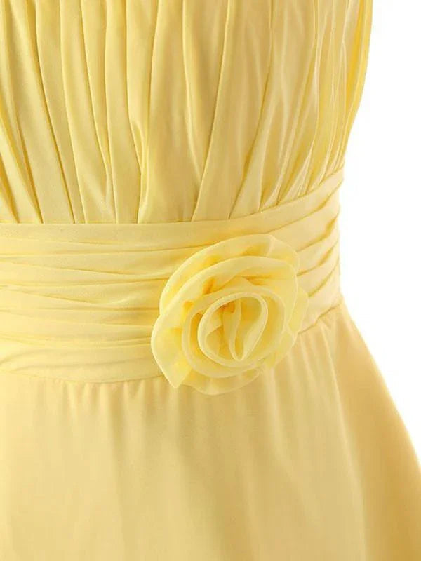 Robe de demoiselle d'honneur jaune en mousseline longue jusqu'au sol à une épaule avec fleur BD015