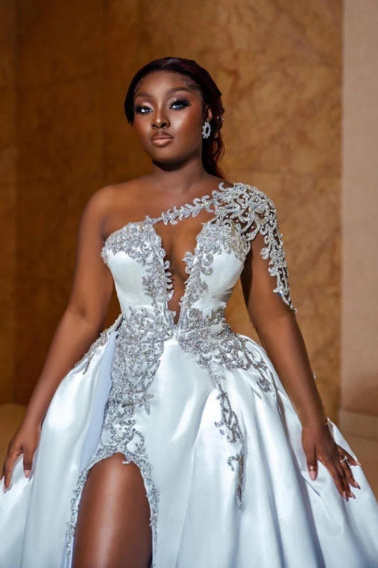 One Shoulder Satin A Line Wedding Dress With Front Slit And Train