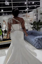One Shoulder Satin A Line Wedding Dress With Front Slit And Train