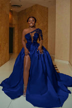 One Shoulder Satin A Line Wedding Dress With Front Slit And Train