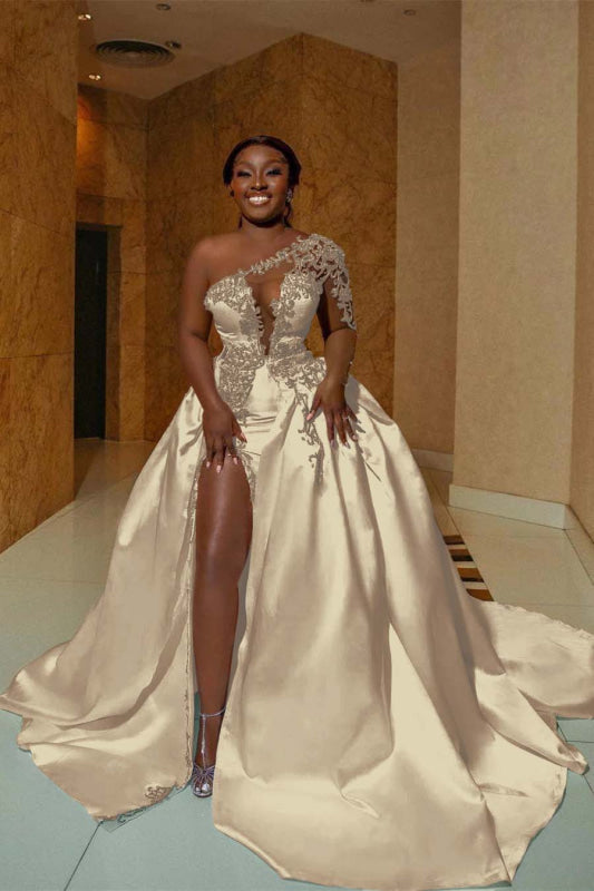 One Shoulder Satin A Line Wedding Dress With Front Slit And Train