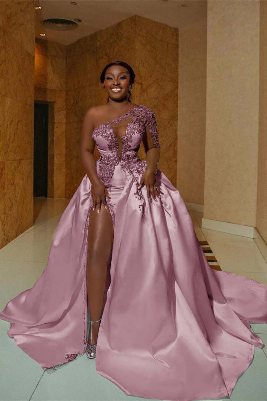 One Shoulder Satin A Line Wedding Dress With Front Slit And Train