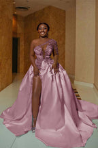 One Shoulder Satin A Line Wedding Dress With Front Slit And Train