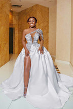 One Shoulder Satin A Line Wedding Dress With Front Slit And Train
