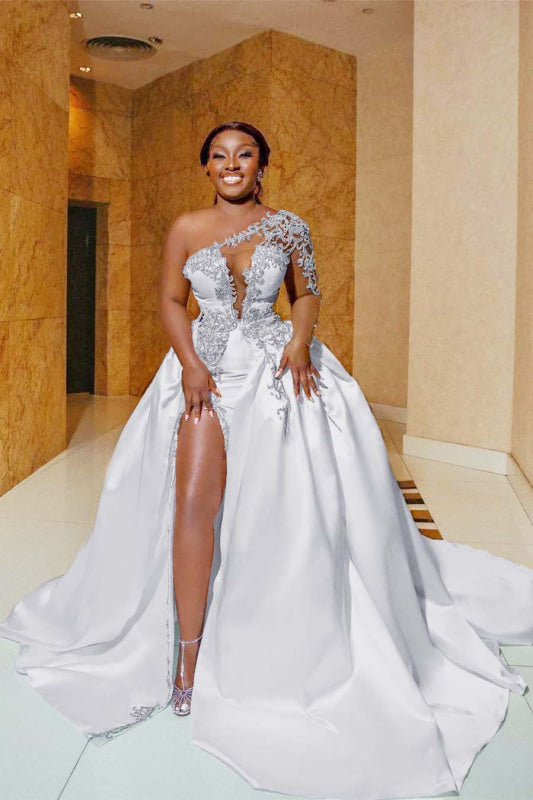 One Shoulder Satin A Line Wedding Dress With Front Slit And Train