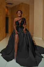 One Shoulder Satin A Line Wedding Dress With Front Slit And Train