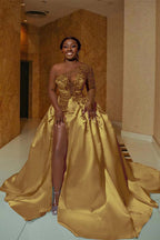 One Shoulder Satin A Line Wedding Dress With Front Slit And Train
