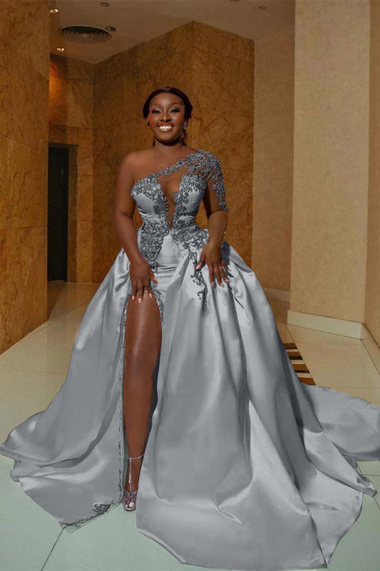 One Shoulder Satin A Line Wedding Dress With Front Slit And Train