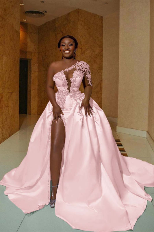 One Shoulder Satin A Line Wedding Dress With Front Slit And Train