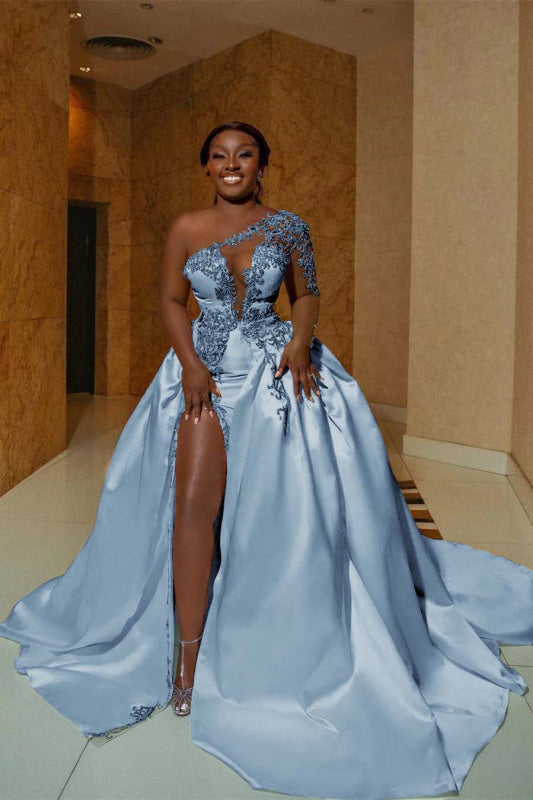 One Shoulder Satin A Line Wedding Dress With Front Slit And Train