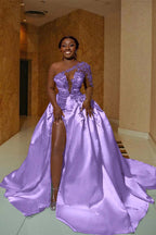 One Shoulder Satin A Line Wedding Dress With Front Slit And Train