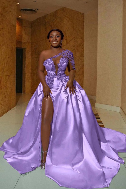 One Shoulder Satin A Line Wedding Dress With Front Slit And Train