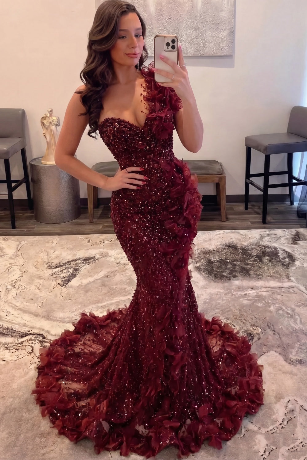 Bordeaux Bloom 2026 One Shoulder Sequin Mermaid Gown With 3D Floral Appliqués