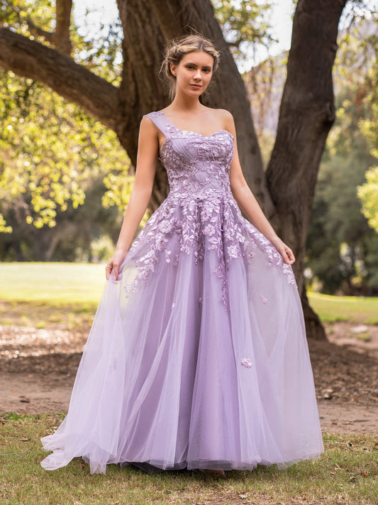 Vestido de fiesta de tul con escote corazón, un hombro y largo hasta el suelo