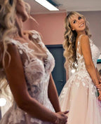Open Back Lace Applique Tulle V Neck A Line Wedding Dress With Chapel Train