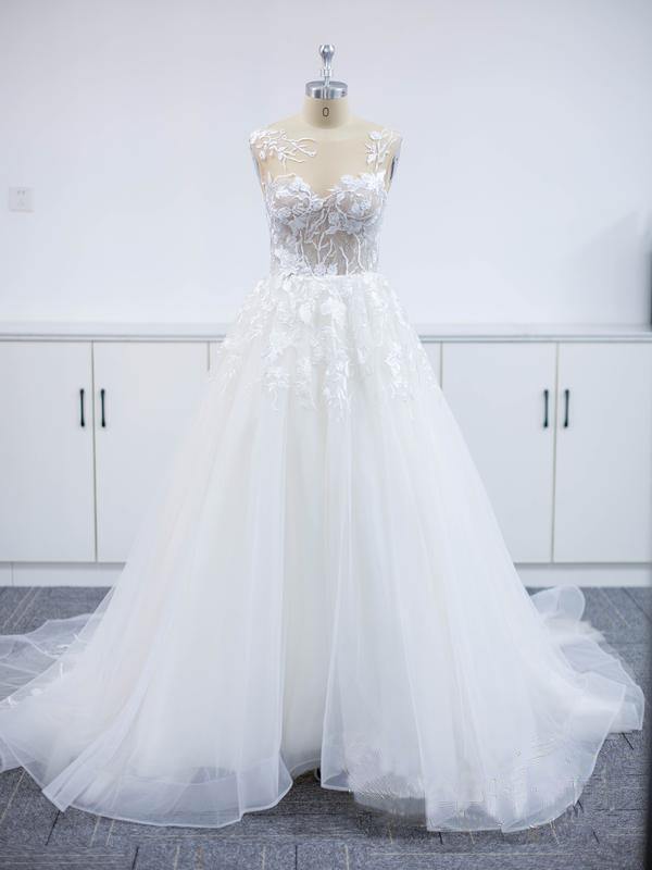 Open Back Lace Applique Tulle V Neck A Line Wedding Dress With Chapel Train