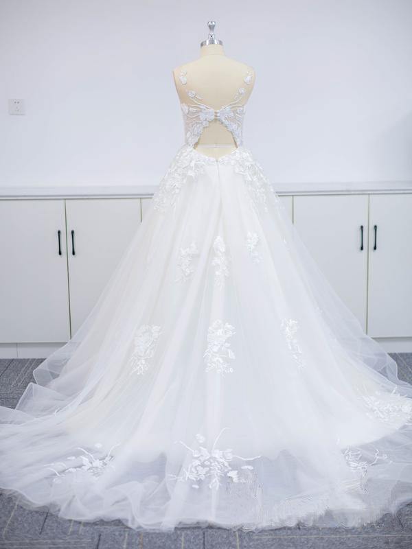Open Back Lace Applique Tulle V Neck A Line Wedding Dress With Chapel Train