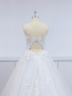 Open Back Lace Applique Tulle V Neck A Line Wedding Dress With Chapel Train