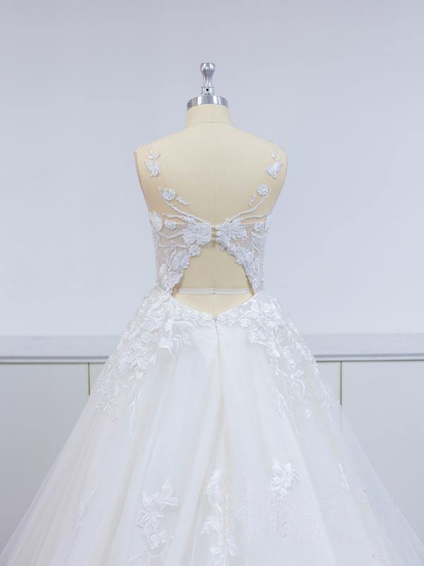 Open Back Lace Applique Tulle V Neck A Line Wedding Dress With Chapel Train