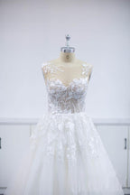 Open Back Lace Applique Tulle V Neck A Line Wedding Dress With Chapel Train