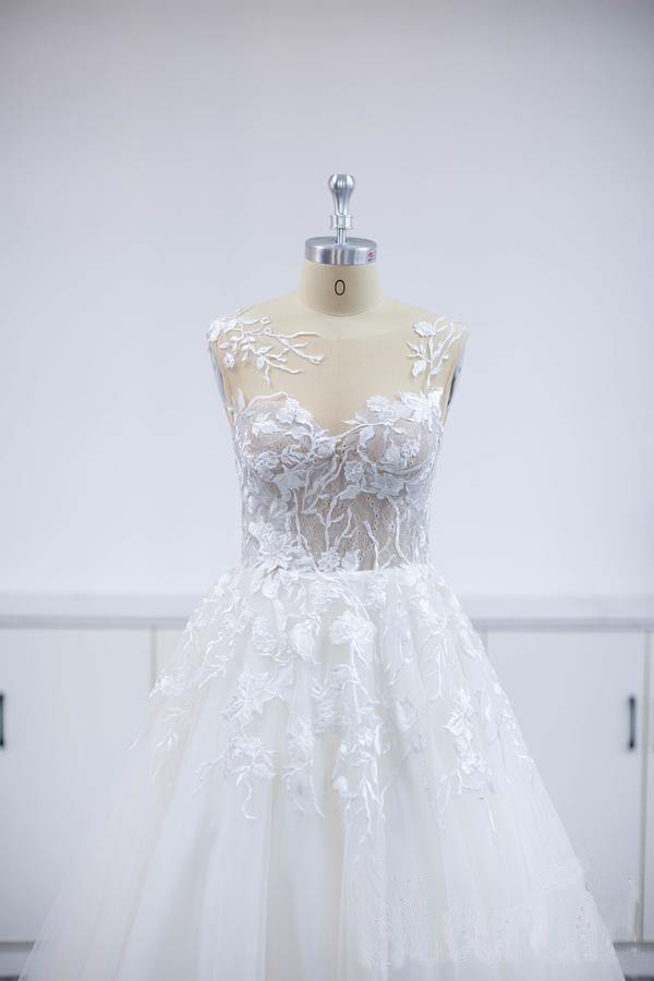 Open Back Lace Applique Tulle V Neck A Line Wedding Dress With Chapel Train