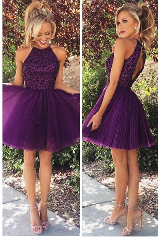 Open Back Halter Purple Beaded Homecoming Cocktail Dresses