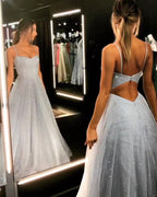 Open Back Spaghetti Strap Sequin Prom Dresses Ice Blue Sexy Evening Gowns