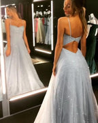 Open Back Spaghetti Strap Sequin Prom Dresses Ice Blue Sexy Evening Gowns