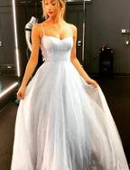 Open Back Spaghetti Strap Sequin Prom Dresses Ice Blue Sexy Evening Gowns